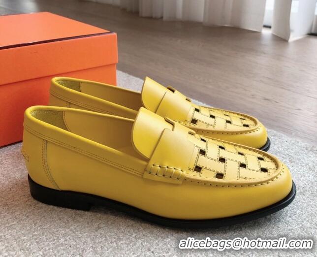 Low Price Hermes Kennedy Loafers in Woven Calfskin Yellow 724003