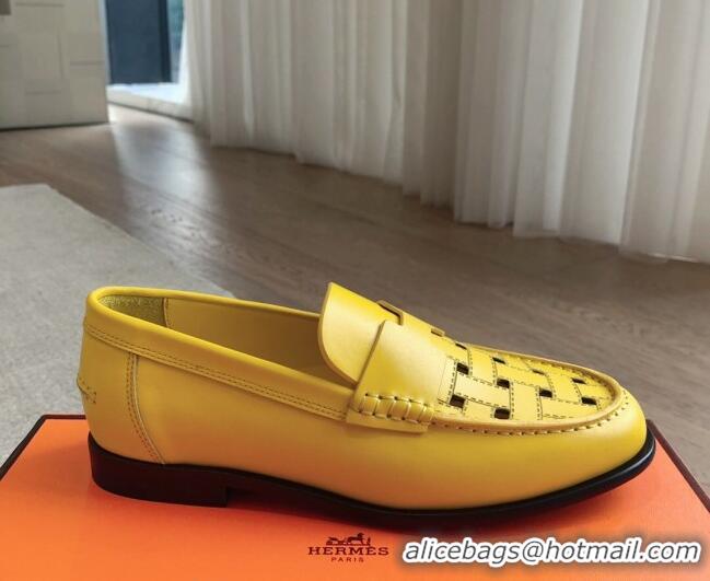 Low Price Hermes Kennedy Loafers in Woven Calfskin Yellow 724003