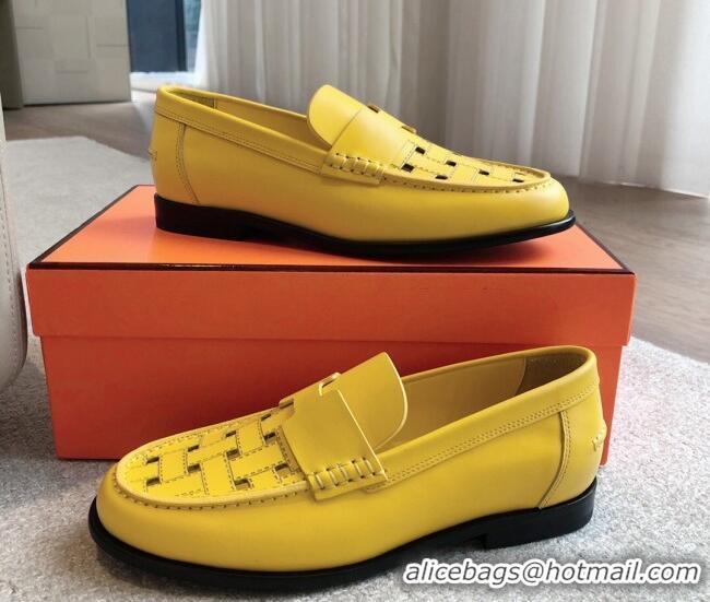 Low Price Hermes Kennedy Loafers in Woven Calfskin Yellow 724003