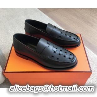 Best Grade Hermes Kennedy Loafers in Woven Calfskin Black 724004