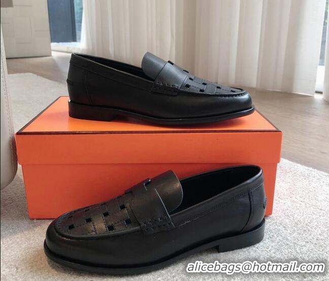 Best Grade Hermes Kennedy Loafers in Woven Calfskin Black 724004