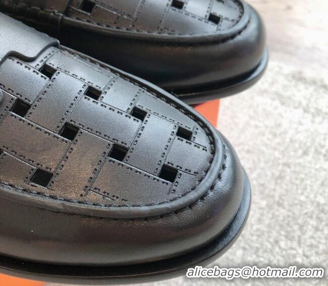 Best Grade Hermes Kennedy Loafers in Woven Calfskin Black 724004