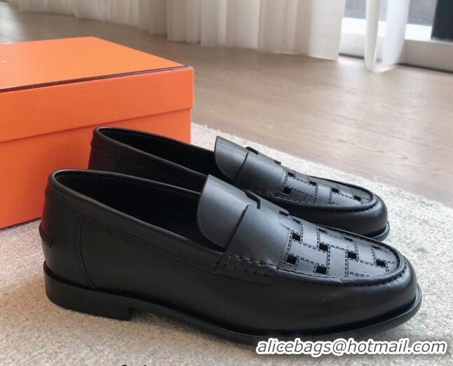 Best Grade Hermes Kennedy Loafers in Woven Calfskin Black 724004