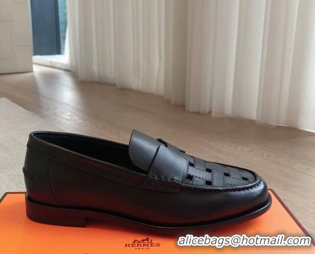 Best Grade Hermes Kennedy Loafers in Woven Calfskin Black 724004