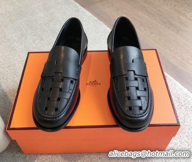 Best Grade Hermes Kennedy Loafers in Woven Calfskin Black 724004