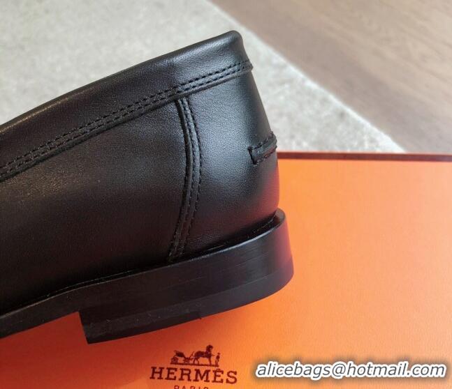 Best Grade Hermes Kennedy Loafers in Woven Calfskin Black 724004