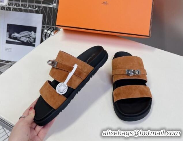 Top Grade Hermes Jackson Flat Slides Sandal in Suede with Kelly Buckle Brown 724008