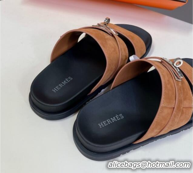 Top Grade Hermes Jackson Flat Slides Sandal in Suede with Kelly Buckle Brown 724008