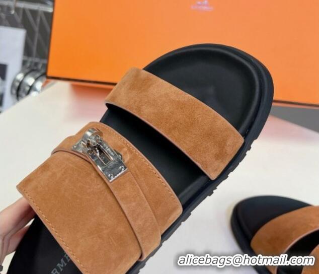 Top Grade Hermes Jackson Flat Slides Sandal in Suede with Kelly Buckle Brown 724008