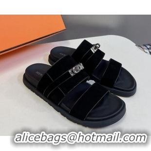 Shop Duplicate Hermes Jackson Flat Slides Sandal in Suede with Kelly Buckle Black 724009