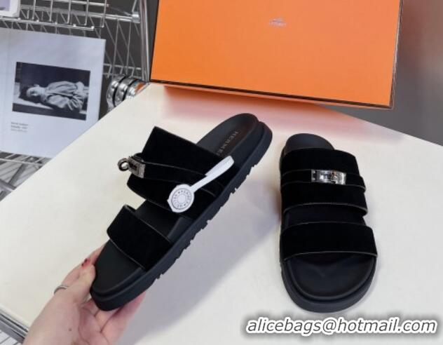 Shop Duplicate Hermes Jackson Flat Slides Sandal in Suede with Kelly Buckle Black 724009