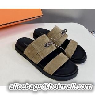 Unique Style Hermes Jackson Flat Slides Sandal in Suede with Kelly Buckle Khaki 724010