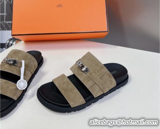 Unique Style Hermes Jackson Flat Slides Sandal in Suede with Kelly Buckle Khaki 724010