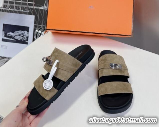 Unique Style Hermes Jackson Flat Slides Sandal in Suede with Kelly Buckle Khaki 724010