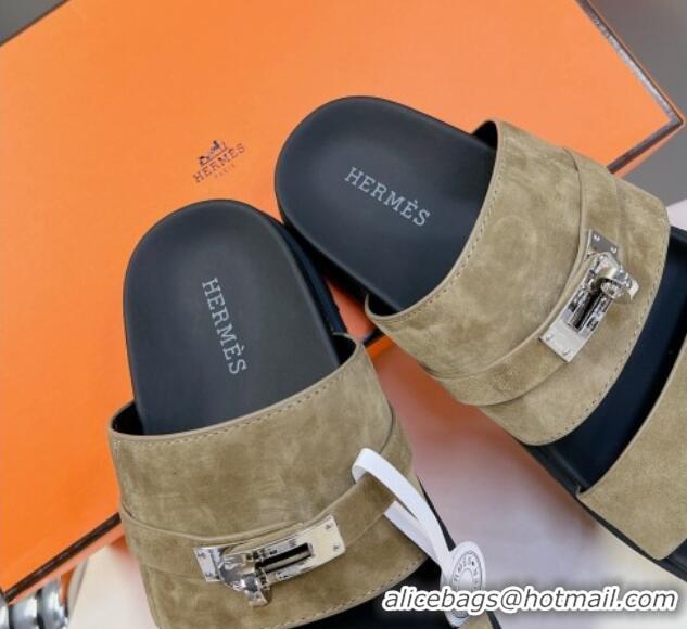 Unique Style Hermes Jackson Flat Slides Sandal in Suede with Kelly Buckle Khaki 724010