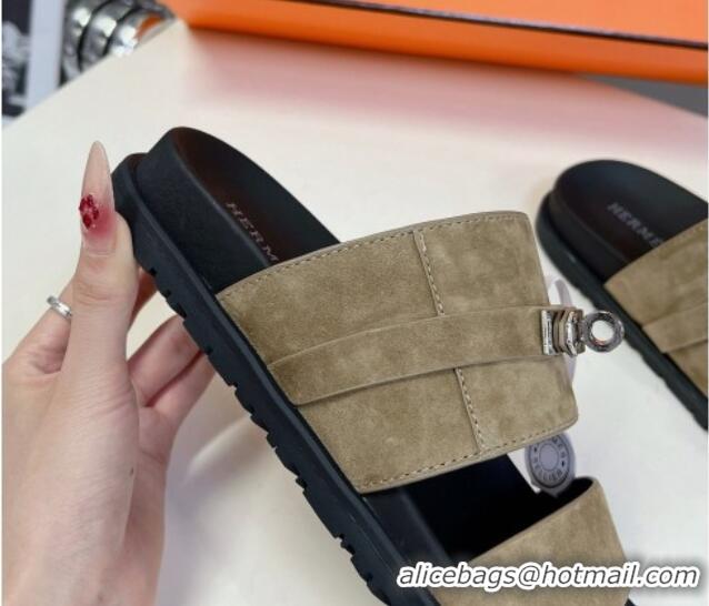 Unique Style Hermes Jackson Flat Slides Sandal in Suede with Kelly Buckle Khaki 724010