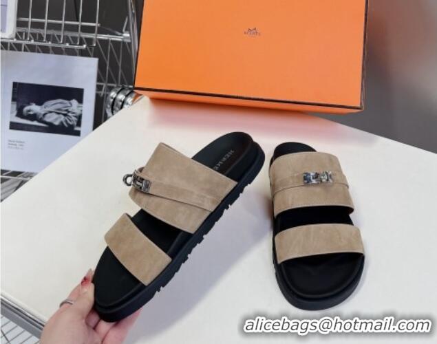 Good Looking Hermes Jackson Flat Slides Sandal in Suede with Kelly Buckle Beige 724011