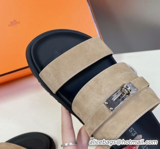 Good Looking Hermes Jackson Flat Slides Sandal in Suede with Kelly Buckle Beige 724011