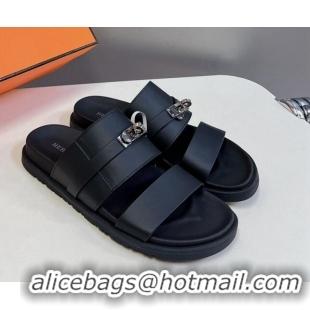 Durable Hermes Jackson Flat Slides Sandal in Smooth Calfskin with Kelly Buckle Black 724012