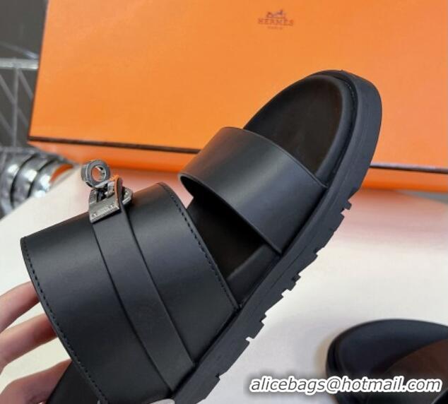 Durable Hermes Jackson Flat Slides Sandal in Smooth Calfskin with Kelly Buckle Black 724012