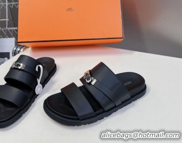 Durable Hermes Jackson Flat Slides Sandal in Smooth Calfskin with Kelly Buckle Black 724012