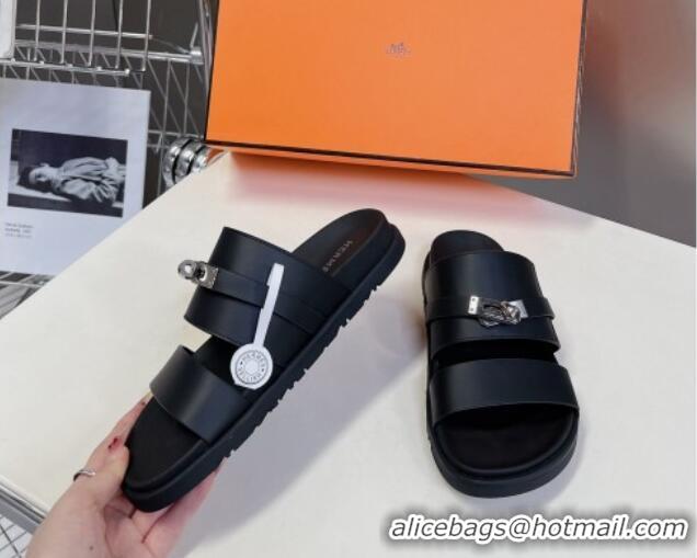 Durable Hermes Jackson Flat Slides Sandal in Smooth Calfskin with Kelly Buckle Black 724012