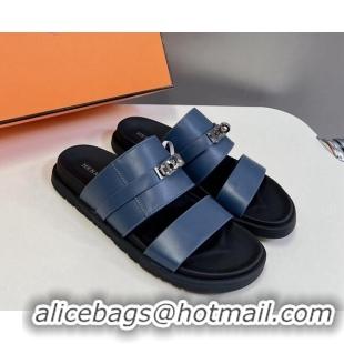 Top Design Hermes Jackson Flat Slides Sandal in Smooth Calfskin with Kelly Buckle Dark Blue 724013