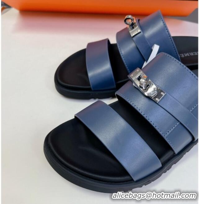 Top Design Hermes Jackson Flat Slides Sandal in Smooth Calfskin with Kelly Buckle Dark Blue 724013