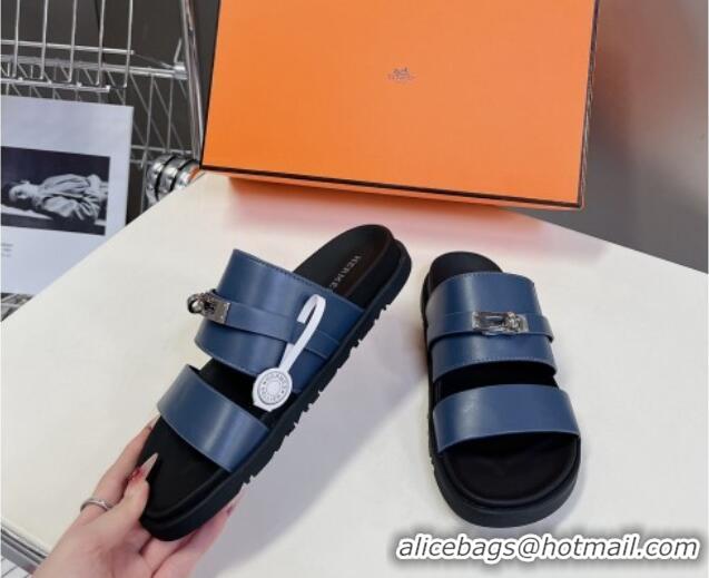 Top Design Hermes Jackson Flat Slides Sandal in Smooth Calfskin with Kelly Buckle Dark Blue 724013