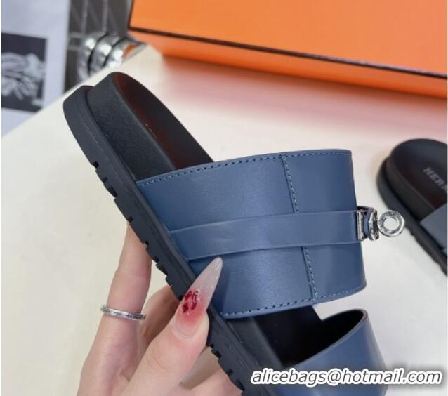 Top Design Hermes Jackson Flat Slides Sandal in Smooth Calfskin with Kelly Buckle Dark Blue 724013