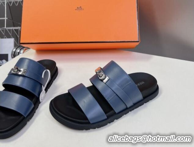 Top Design Hermes Jackson Flat Slides Sandal in Smooth Calfskin with Kelly Buckle Dark Blue 724013