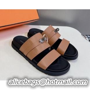 Good Qualit Hermes Jackson Flat Slides Sandal in Smooth Calfskin with Kelly Buckle Brown 724014