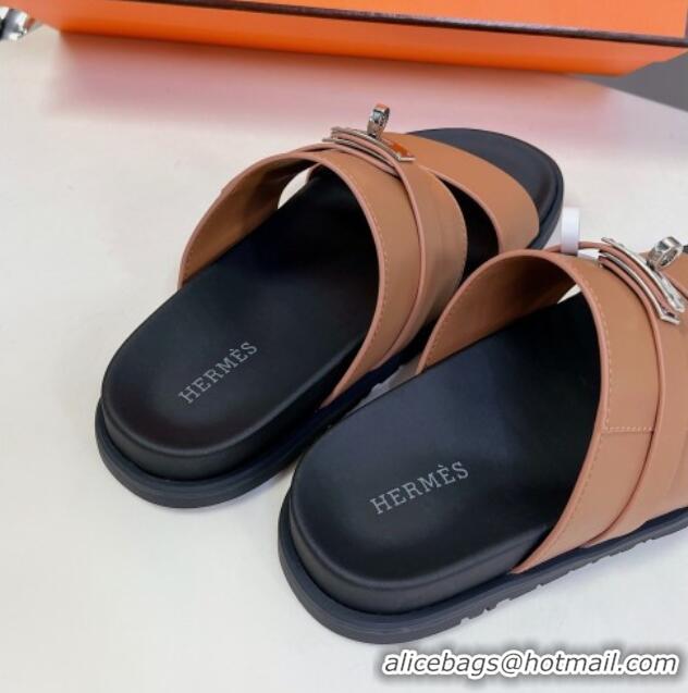 Good Qualit Hermes Jackson Flat Slides Sandal in Smooth Calfskin with Kelly Buckle Brown 724014