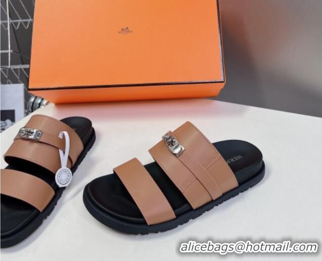 Good Qualit Hermes Jackson Flat Slides Sandal in Smooth Calfskin with Kelly Buckle Brown 724014