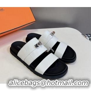 Low Cost Hermes Jackson Flat Slides Sandal in Smooth Calfskin with Kelly Buckle White 724015