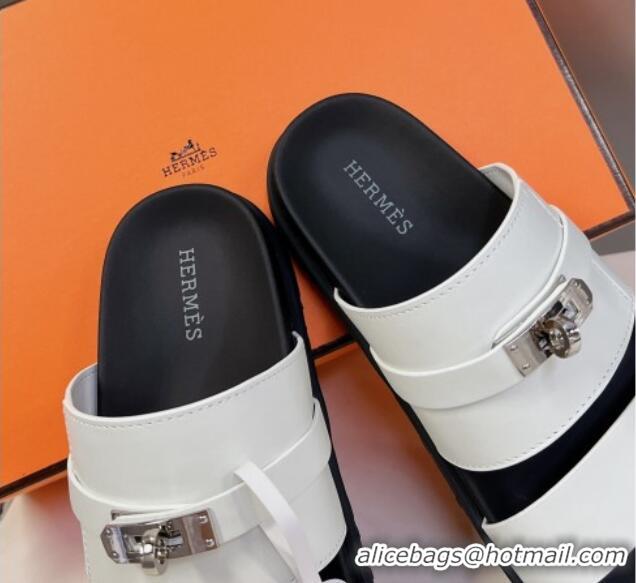 Low Cost Hermes Jackson Flat Slides Sandal in Smooth Calfskin with Kelly Buckle White 724015