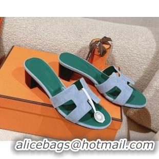 Pretty Style Hermes Oasis Heel Slides Sandal 5cm in Suede Light Blue 724017