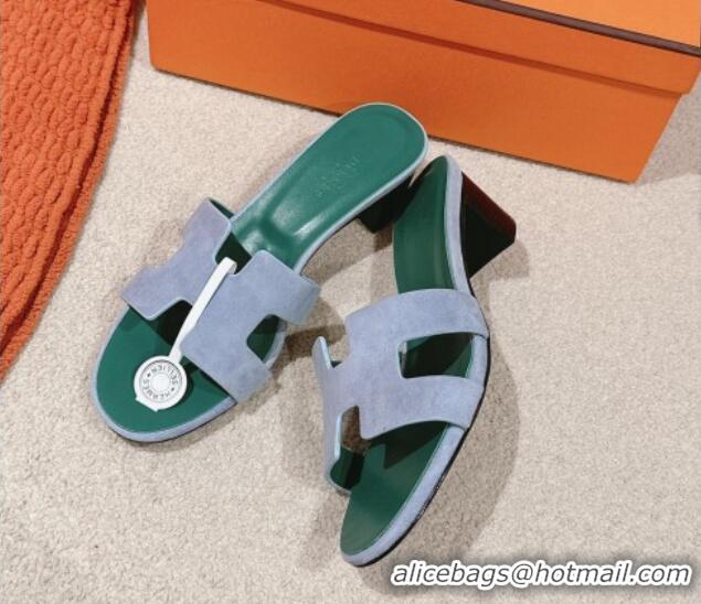 Pretty Style Hermes Oasis Heel Slides Sandal 5cm in Suede Light Blue 724017