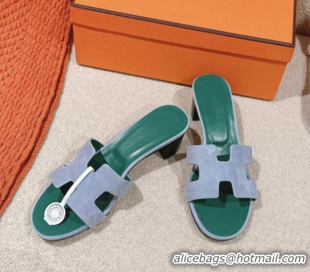 Pretty Style Hermes Oasis Heel Slides Sandal 5cm in Suede Light Blue 724017