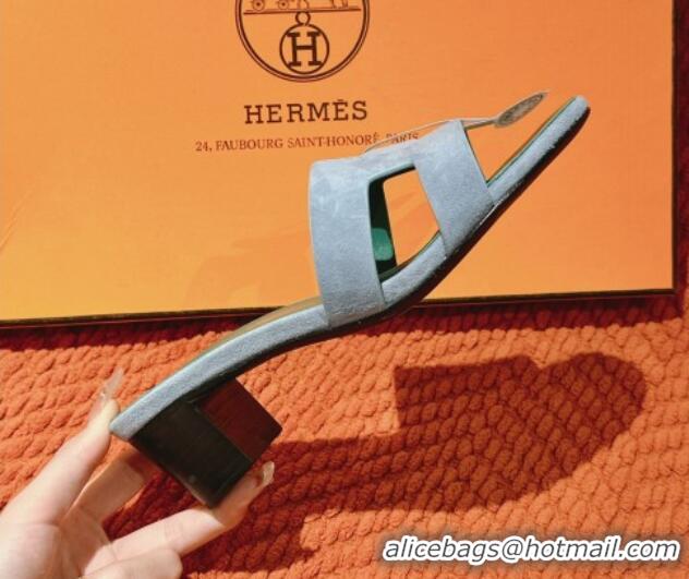 Pretty Style Hermes Oasis Heel Slides Sandal 5cm in Suede Light Blue 724017