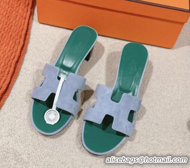 Pretty Style Hermes Oasis Heel Slides Sandal 5cm in Suede Light Blue 724017