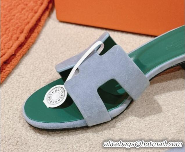 Pretty Style Hermes Oasis Heel Slides Sandal 5cm in Suede Light Blue 724017