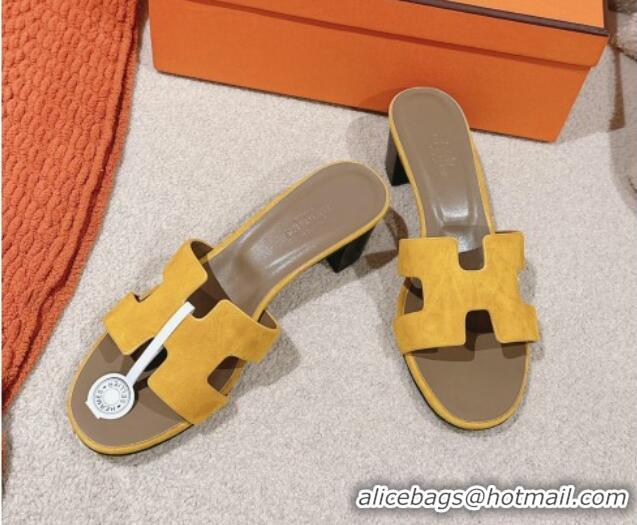 Unique Style Hermes Oasis Heel Slides Sandal 5cm in Suede Yellow 724018