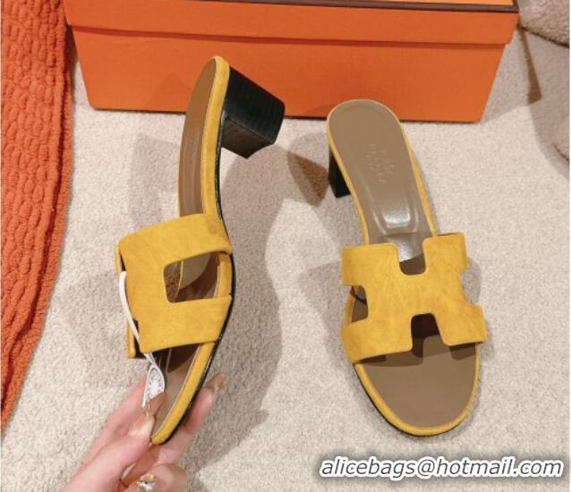 Unique Style Hermes Oasis Heel Slides Sandal 5cm in Suede Yellow 724018