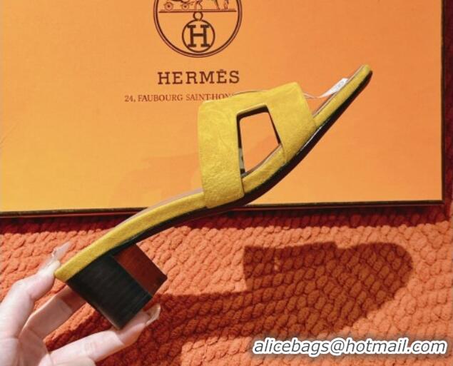 Unique Style Hermes Oasis Heel Slides Sandal 5cm in Suede Yellow 724018