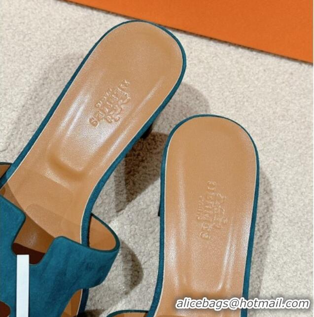 Pretty Style Hermes Oasis Heel Slides Sandal 5cm in Suede Peacock Green 724019