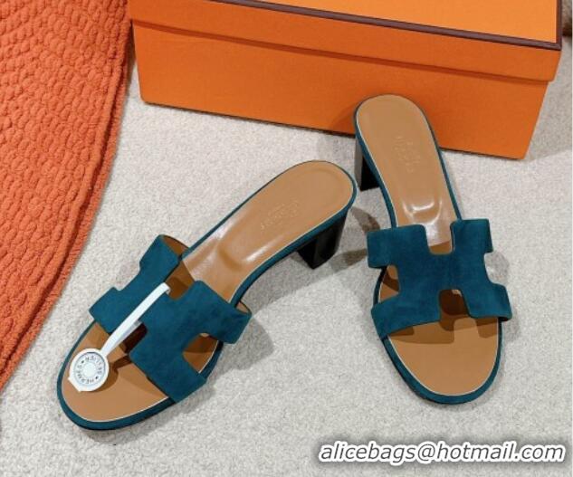 Pretty Style Hermes Oasis Heel Slides Sandal 5cm in Suede Peacock Green 724019