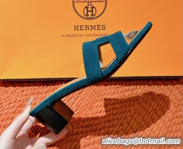 Pretty Style Hermes Oasis Heel Slides Sandal 5cm in Suede Peacock Green 724019