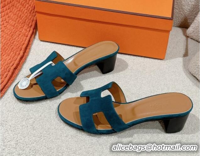 Pretty Style Hermes Oasis Heel Slides Sandal 5cm in Suede Peacock Green 724019