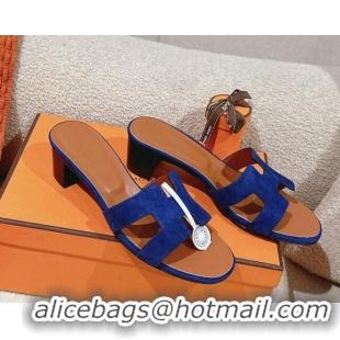 Hot Style Hermes Oasis Heel Slides Sandal 5cm in Suede Royal Blue 724020